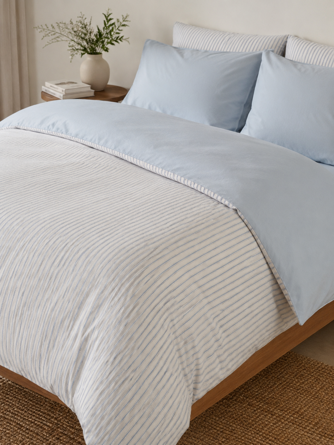 Housse de couette réversible rayures bleues 220cm x 240 cm