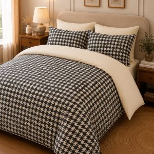 Parure de couette réversible – Pied de poule & Uni