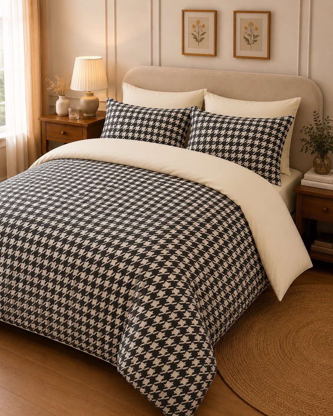 Parure de couette réversible – Pied de poule & Uni